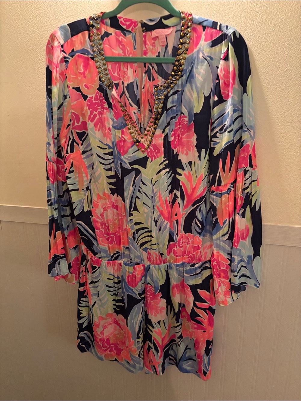 Lilly Pulitzer Beaded V-Neck Floral Silk Romper in Navy and Pink